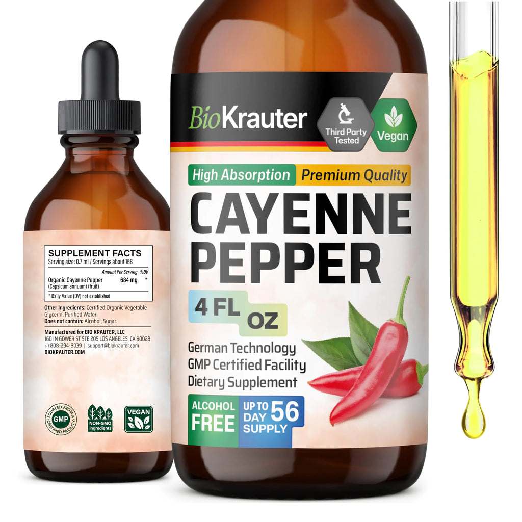 BIO KRAUTER Cayenne Pepper Extract Liquid - Pure Capsaicin Extract - Liquid Cayenne Pepper Drops for Digestive Support - Sugar & Alcohol Free 4 Fl.Oz.