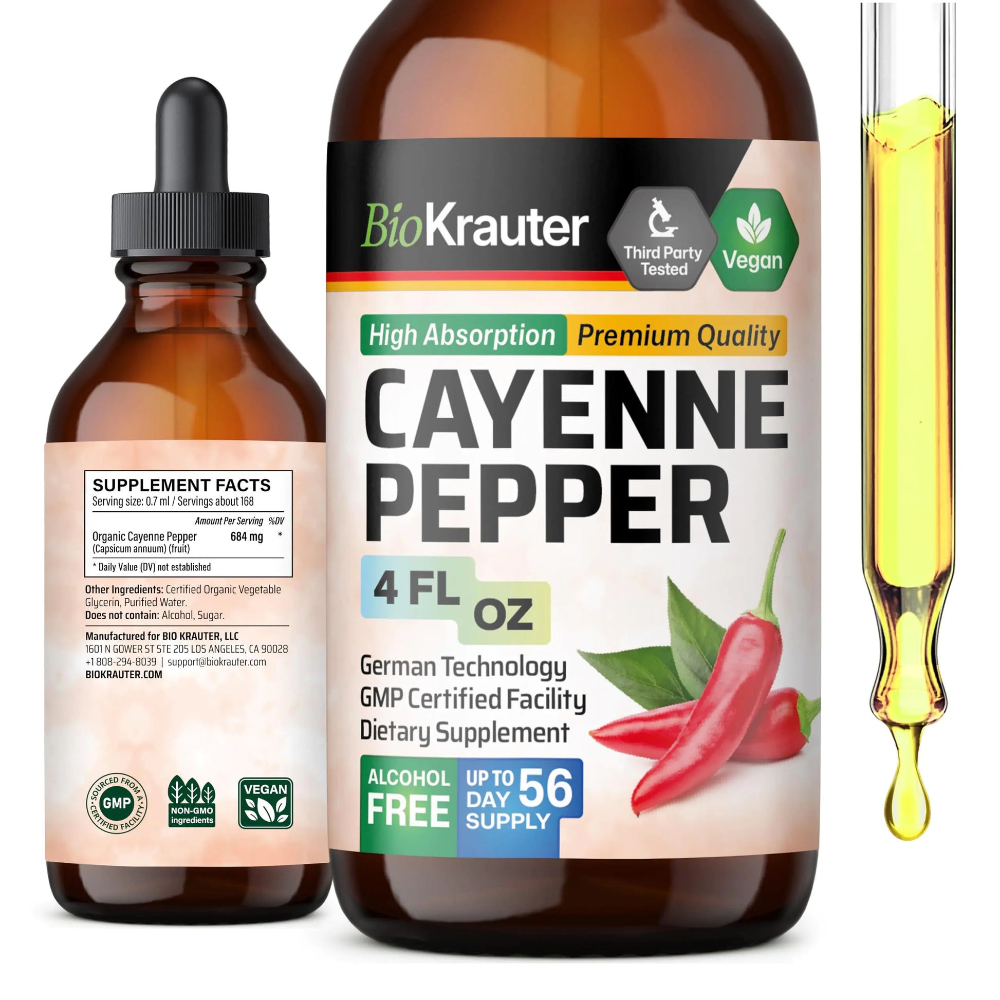 BIO KRAUTER Cayenne Pepper Extract Liquid - Pure Capsaicin Extract - Liquid Cayenne Pepper Drops for Digestive Support - Sugar & Alcohol Free 4 Fl.Oz.