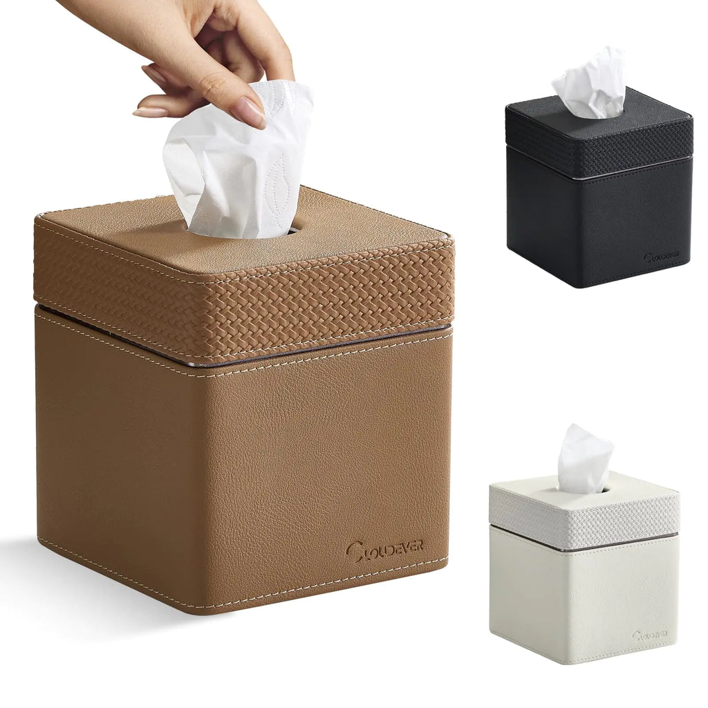 Cloudever Tissue Box Holder Cover Modern PU Leather Square Decorative Tissue Holder Organizer-Woven New Brown