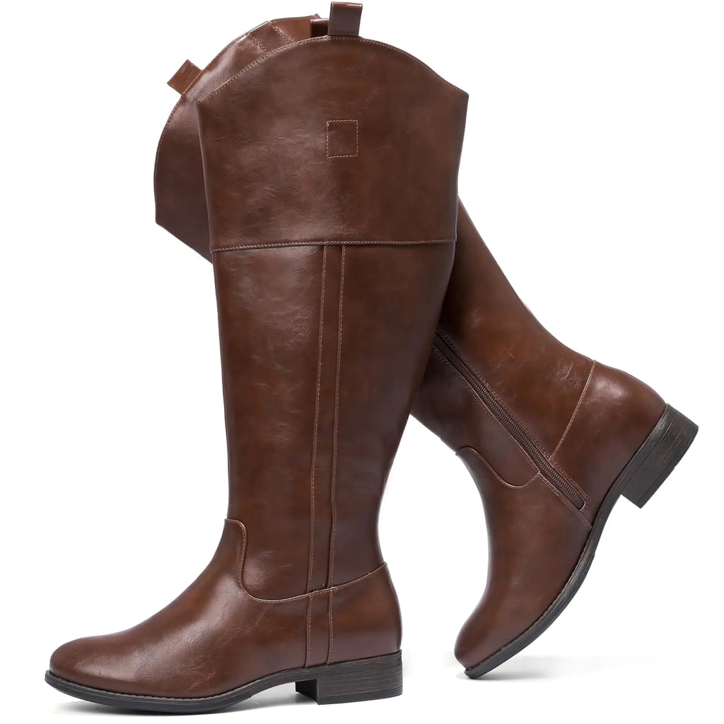 Luoika Womens Extra Wide Calf Knee High Boots Western Cowyboy Cowgirl Knee-High Boots Plus Size Wide Width Low Heel Winter Fall Boots. 231201 Brownpu 9XW