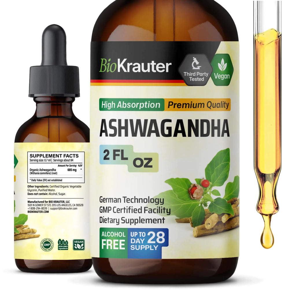 BIO KRAUTER Ashwagandha Drops - Ashwagandha Supplements for Calmness - Withania Somnifera Liquid Extract - Vegan Mood Support - 2 Fl.Oz.