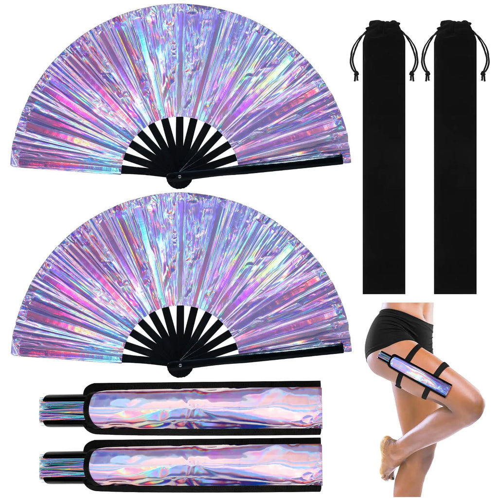 Anglechic 6 Pcs Large Rave Fan Set with Folding Hand Fan Fan Holster for Festival Party (Holographic Silver)