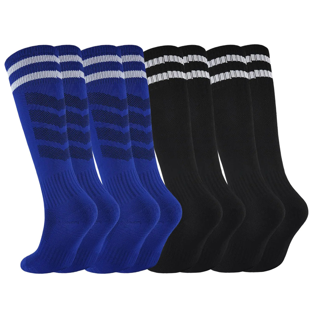 hakugoo Kids Soccer Socks Boys Girls Football Socks 4 Pairs Cushioned Athletic Socks 5-7 Years Youth Baseball Socks Striped Knee High Socks (Black+BlueS)