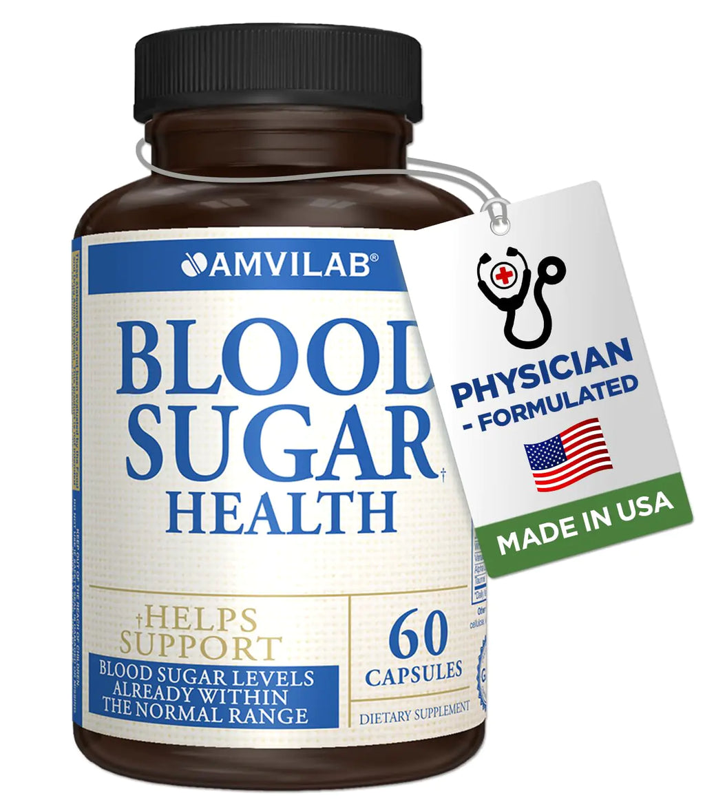 AMVILAB Blood Sugar Health Natural 20 Herbs and Vitamins with Cinnamon Alpha Lipoic Acid to Support Health Non-GMO for Men Women Supports Healthy Energy Levels - 60 Herbal Pills - 30 Day Supply