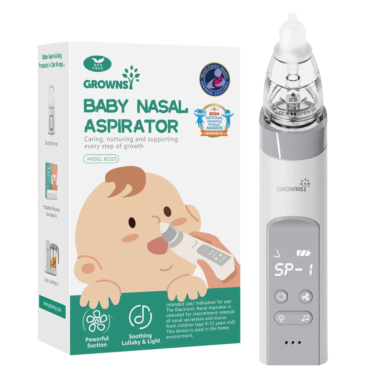 GROWNSY Nasal Aspirator for Baby Baby Nose Sucker Pro with 3 Soft Silicone Tips Adjustable Suction Electric Nose Suction for Baby Built-in Music & Light Soothing