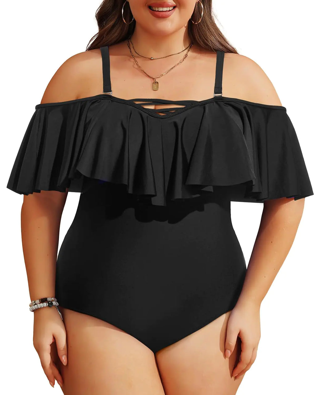 Daci Black Plus Size One Piece Swimsuits for Women Off Shoulder Flounce Bathing Suits Ruffle Tummy Control Swim Suits XL