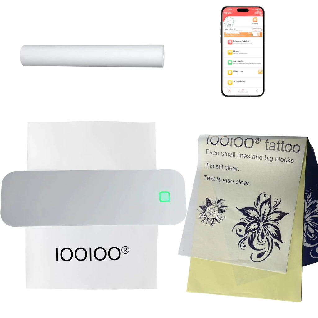 IOOIOO Portable Printer Wireless Inkless Bluetooth Thermal Printer for Tattoo Stencil Transfer Paper for 8.5 x 11 Letter A4 Rolled & Folded Thermal Paper (White Without Carrying Case)