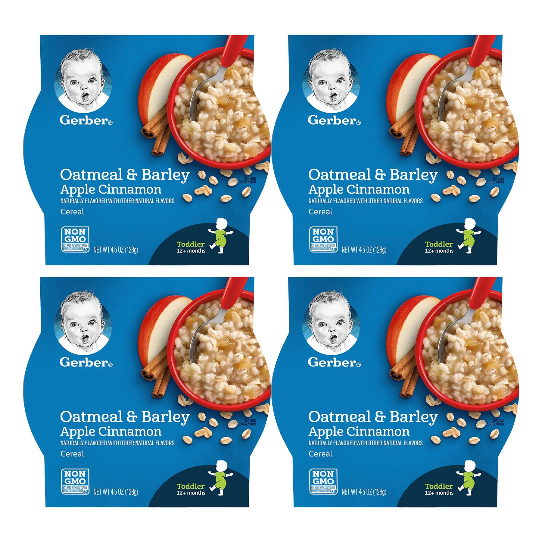 Gerber Breakfast Buddies Toddler Cereal Oatmeal & Barley Apple Cinnamon Cereal Non-GMO Whole Grain Oats & Real Fruit Made for Toddlers 4.5 OZ Tray (Pack of 4)